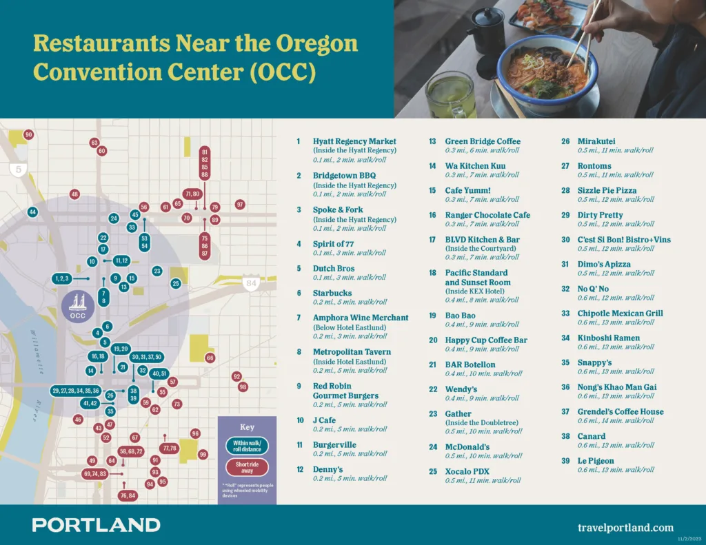A restaurant map showing places to eat near the Oregon Convention Center